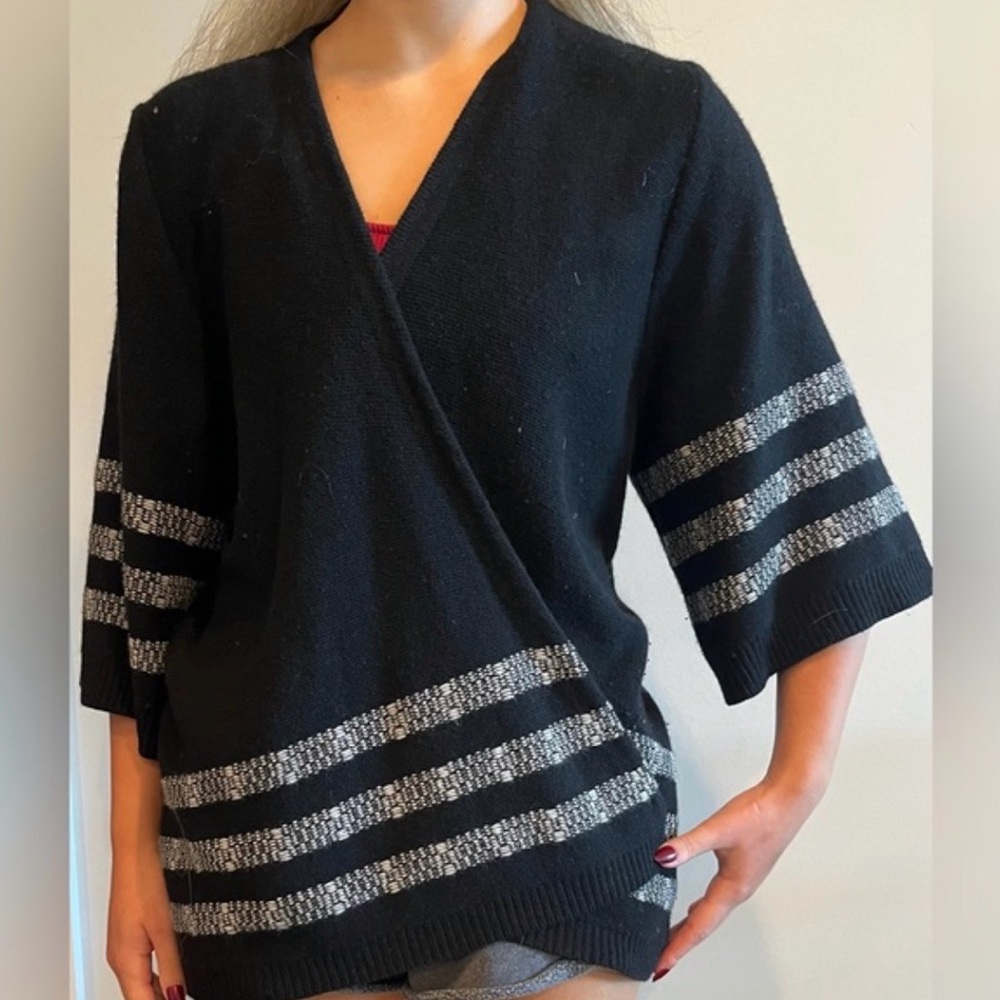 Theory Graciela Open Front Wrap Sweater in Black  White Pattern Cardigan L NWT